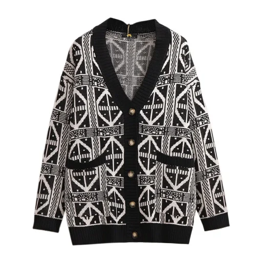 Plus Size Women's Autumn Winter Retro Rhombus Cardigan - Image 6