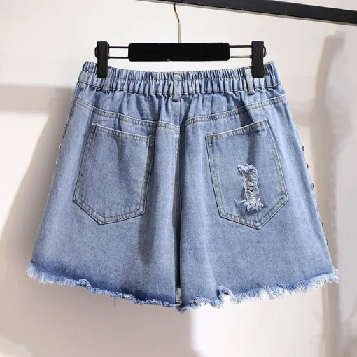 Plus Size Summer Loose Denim Ripped Beaded Wide Leg Shorts - Image 3