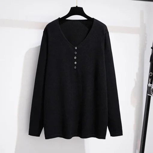 Plus Size Women's Loose Knit V-neck Long Sleeve Sweater - Image 3