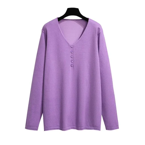 Plus Size Women's Loose Knit V-neck Long Sleeve Sweater - Image 6