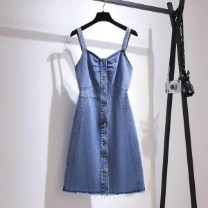 Plus Size Summer Button Denim Straps Suspender Dress