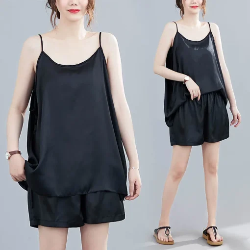 Plus Size Summer Loose Sling Short Sleeve Pajamas Set