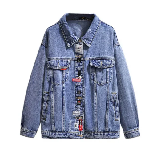 Plus Size Retro Denim Jacket with Loose Patch Details - Image 6