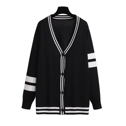 Plus Size Women's Loose V-neck Striped Knitted Cardigan Sweater - Image 5