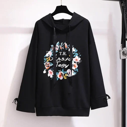 Plus Size Spring Autumn Hooded Printed Long-Sleeve Sweatshirt