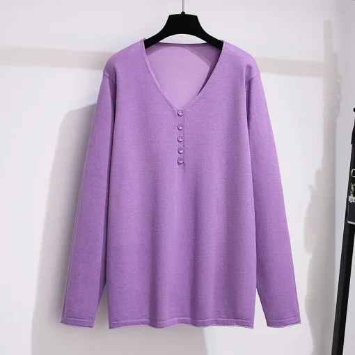 Plus Size Women's Loose Knit V-neck Long Sleeve Sweater