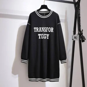 Plus Size Striped Letter Long Sleeve Cotton Dress