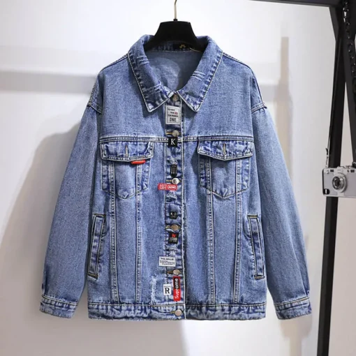 Plus Size Retro Denim Jacket with Loose Patch Details