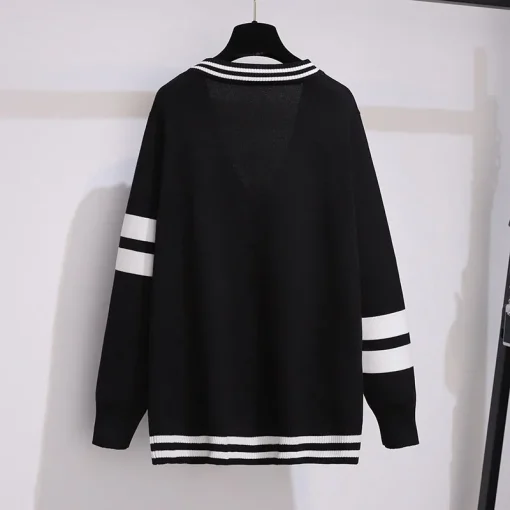 Plus Size Women's Loose V-neck Striped Knitted Cardigan Sweater - Image 3