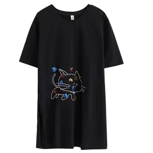 Plus Size Summer Sequined Cat T-Shirt with Loose Fit