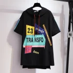 Plus Size Summer Loose Print Hooded Short-Sleeve T-Shirt