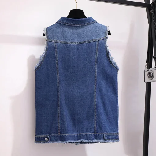 Plus Size Spring Autumn Loose Denim Fringed Vest Coat - Image 3