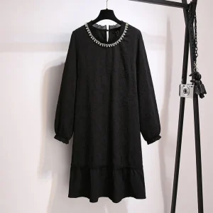 Plus Size Women's Autumn Loose Beaded Hook Flower Dress