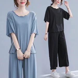 Plus Size Women's Summer Short-Sleeved Cropped Trousers Suit