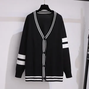 Plus Size Women's Loose V-neck Striped Knitted Cardigan Sweater