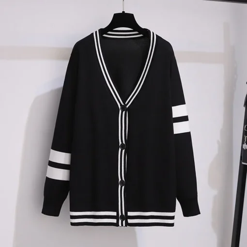 Plus Size Women's Loose V-neck Striped Knitted Cardigan Sweater