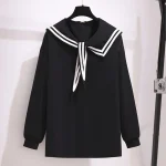 Plus Size Spring Sailor Collar Striped Chiffon Shirt