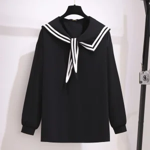 Plus Size Spring Sailor Collar Striped Chiffon Shirt