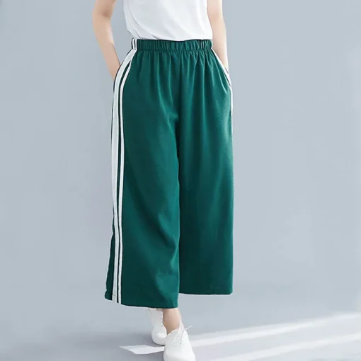 Plus Size Summer Cropped Wide Leg Pants in Green & Black - Image 5