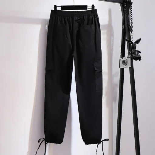 Plus Size Spring Summer Drawstring Cotton Cargo Cropped Pants - Image 4