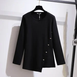 Plus Size Spring Autumn Button Solid Long Sleeve T-Shirt