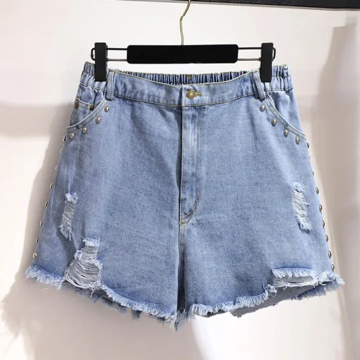 Plus Size Summer Loose Denim Ripped Beaded Wide Leg Shorts