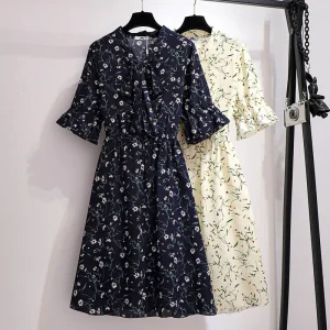 Plus Size Summer Loose V-Neck Tie Floral Chiffon Dress