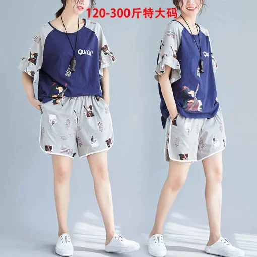 Plus Size Cartoon Cotton Pajama Set with Shorts