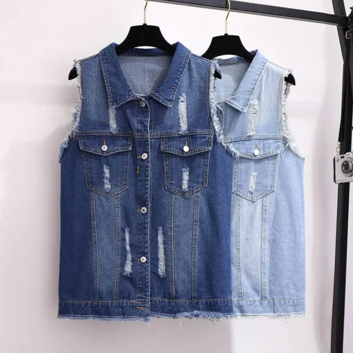 Plus Size Spring Autumn Loose Denim Fringed Vest Coat - Image 2