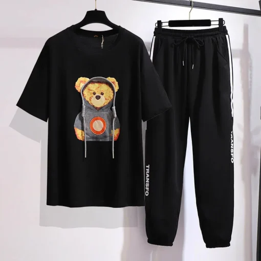 Plus Size Women's Summer Bear Print T-Shirt Sports Pants Set