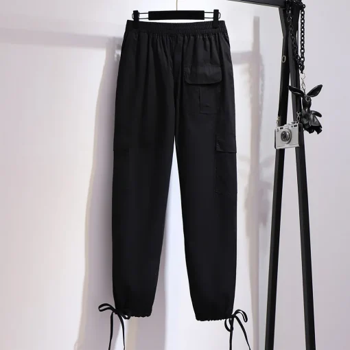 Plus Size Spring Summer Drawstring Cotton Cargo Cropped Pants - Image 3