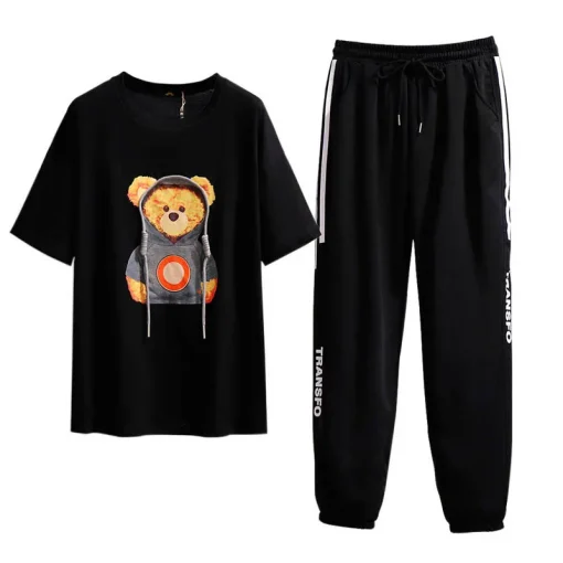 Plus Size Women's Summer Bear Print T-Shirt Sports Pants Set - Image 6