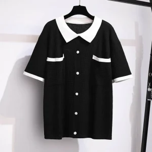 Plus Size Women's Summer Lapel Knit Cardigan T-Shirt Top