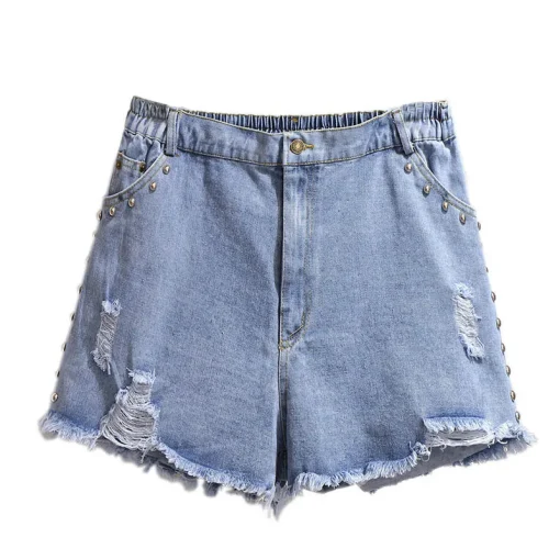 Plus Size Summer Loose Denim Ripped Beaded Wide Leg Shorts - Image 6