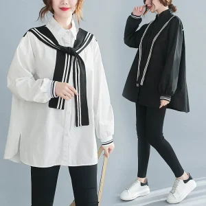 Plus Size Spring Loose Long Sleeve Striped Tie Shirt