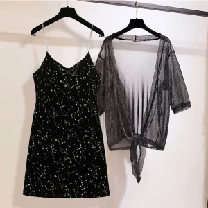 Plus Size V-Neck Sequin Strap Dress with Lace Shawl