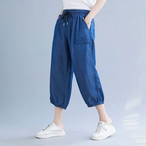 Plus Size Women's Summer Oversized Cropped Jeans with Elastic Waist - Image 4