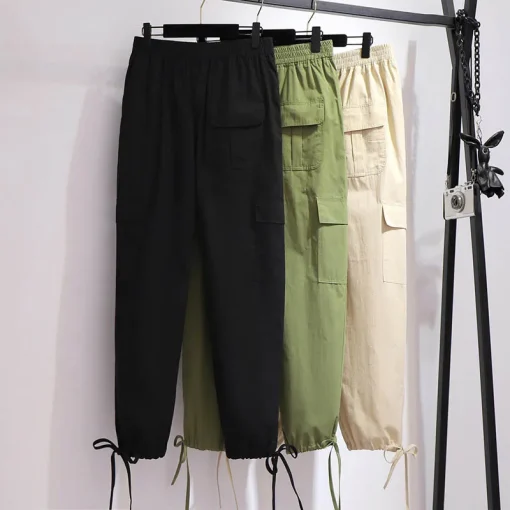 Plus Size Spring Summer Drawstring Cotton Cargo Cropped Pants