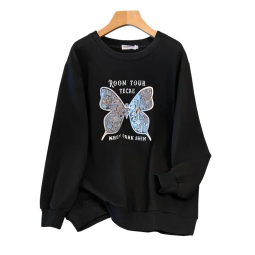 Plus Size Loose Round Neck Sequined Butterfly Sweatshirt - Image 6