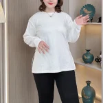 Simple Basic Split Velvet T-Shirt Plus Size Women Long Sleeve