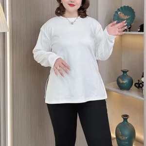 Simple Basic Split Velvet T-Shirt Plus Size Women Long Sleeve