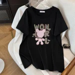 Plus Size Women's Summer Loose Short Sleeve Diamond Bear T-shirt