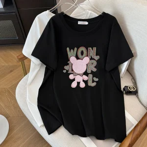 Plus Size Women's Summer Loose Short Sleeve Diamond Bear T-shirt