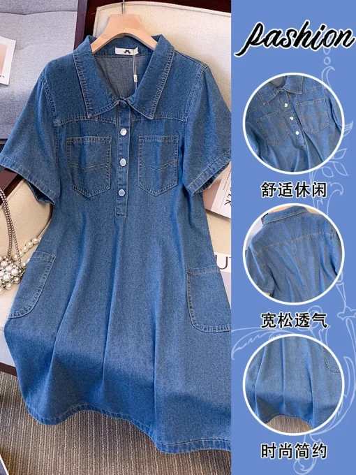 Plus Size Women's Summer Loose Retro Polo Collar Denim Dress - Image 5