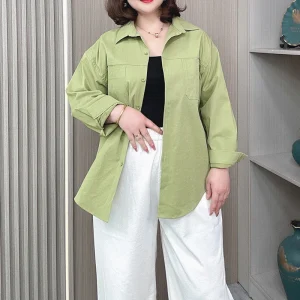 Women's Plus Size Lapel Long Sleeve Pocket Shirt-Coat