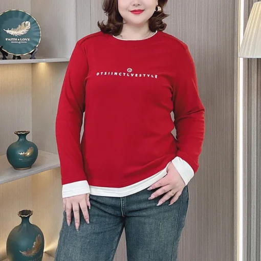 Plus Size Women’s Thermal Velvet Fabric Fake Two-Piece T-Shirt - Image 5