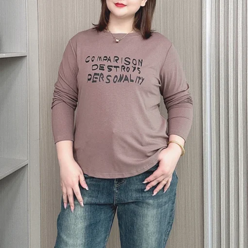 Plus Size Loose Fit Round Neck Long Sleeve T-shirt for Women - Image 2