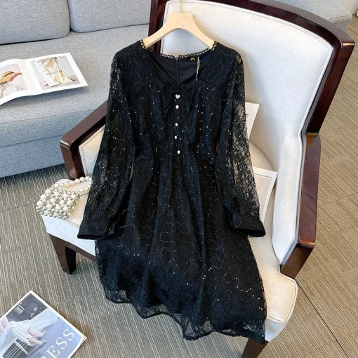 Plus Size Women's Lace Sequin V-Neck Long Sleeve Dress - Image 3