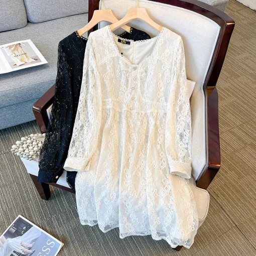 Plus Size Women's Lace Sequin V-Neck Long Sleeve Dress