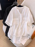 Plus Size Women's Summer Loose Cotton Wrinkled Shirt Top